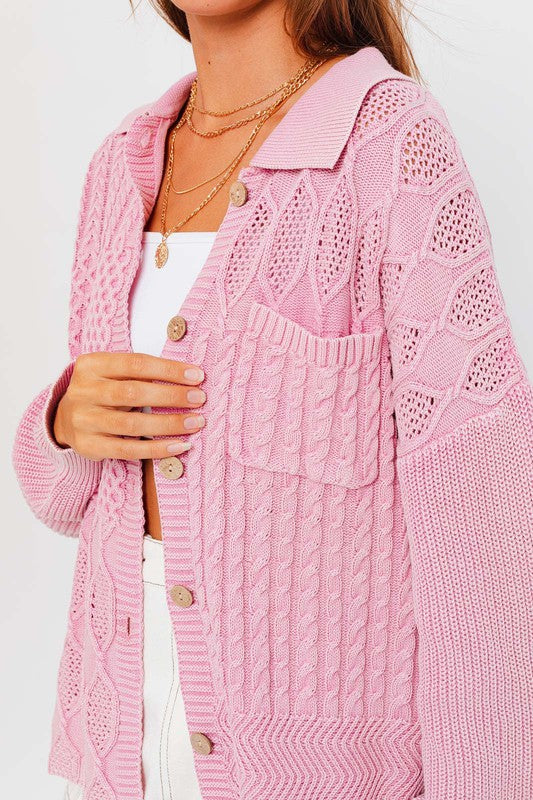 MIX CABLE WASHED SWEATER SHACKET