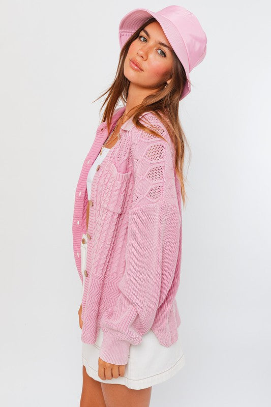 MIX CABLE WASHED SWEATER SHACKET