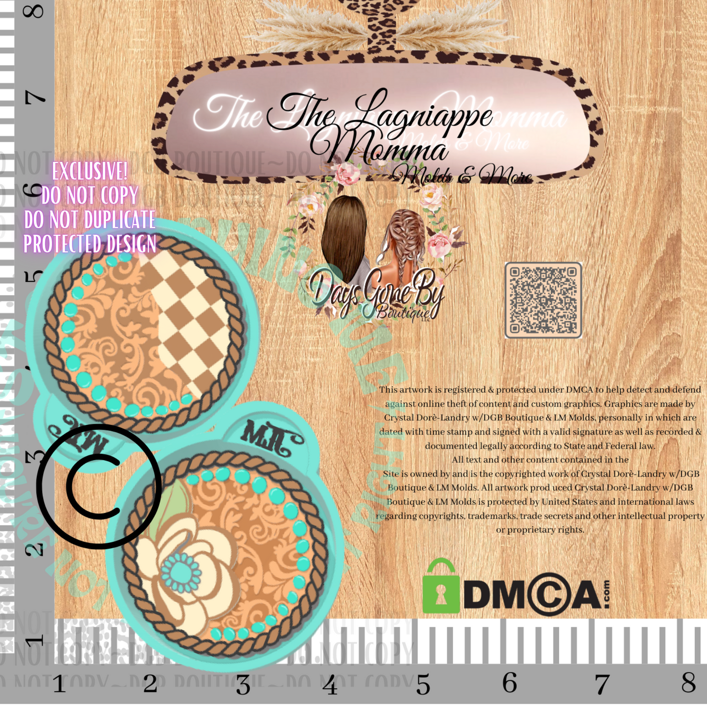 LM Checkered & Magnolia Adorned Turquoise Tooled Leather Round