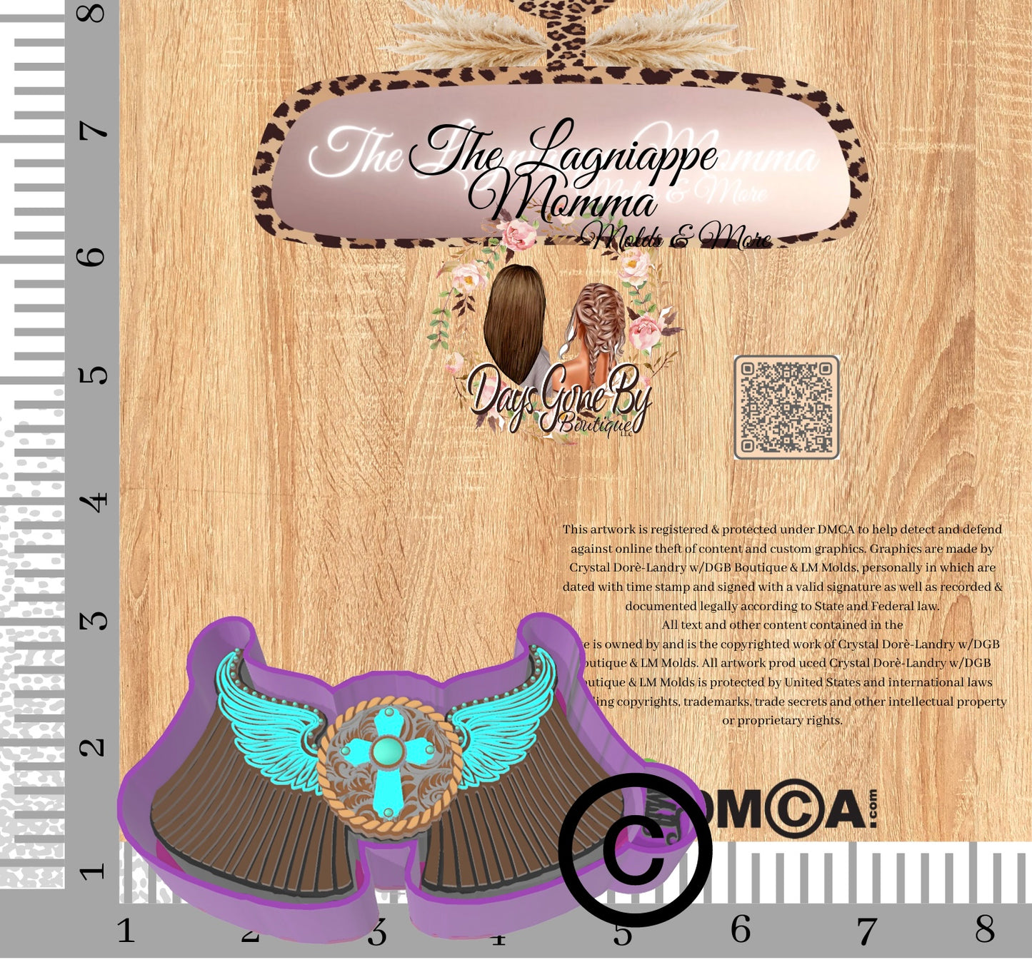 LM Angel Wings w/Round Tooled Leather Center with Cross and Turquoise StuddedPearls Ā©ļø