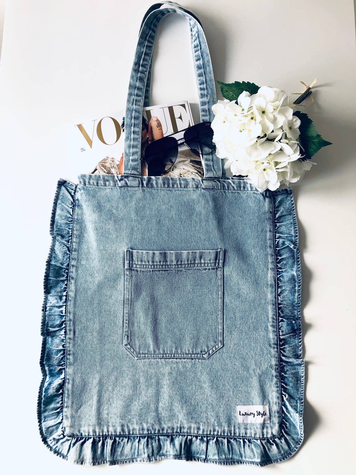 Blue Denim Frill Pocket Cotton Tote Jeans Bag