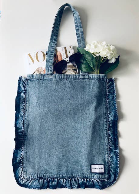 Blue Denim Frill Cotton Tote Jeans Bag