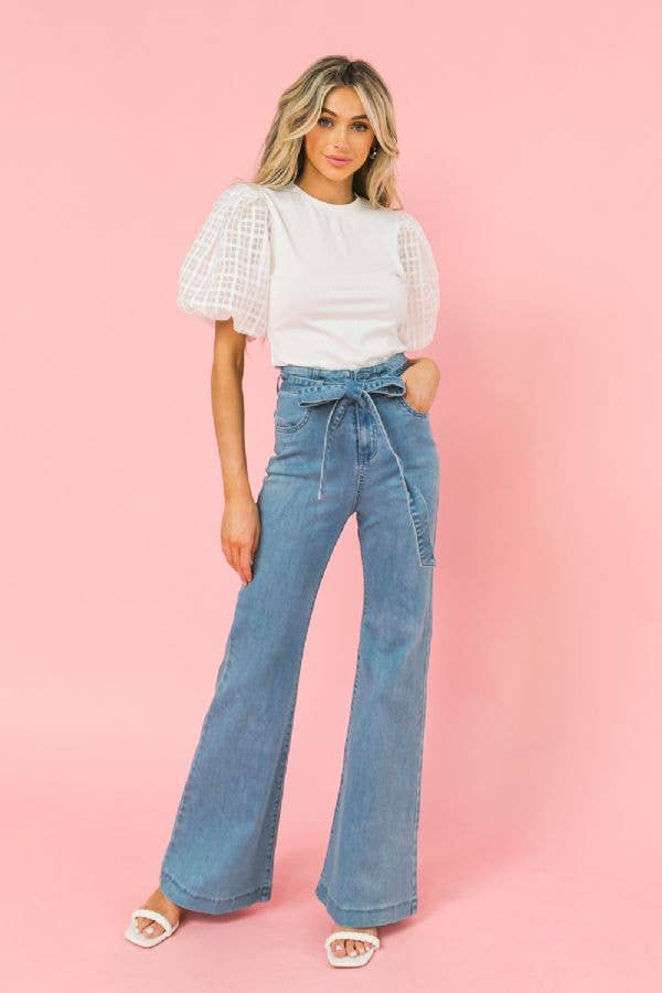 High Waste Bell Bottom Denim Tie Jeans