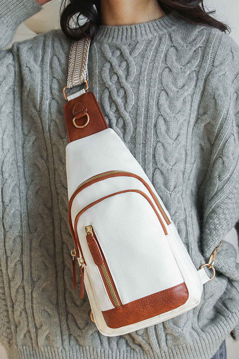 White Vintage Contast PU Leather Zipped Crossbody Bag