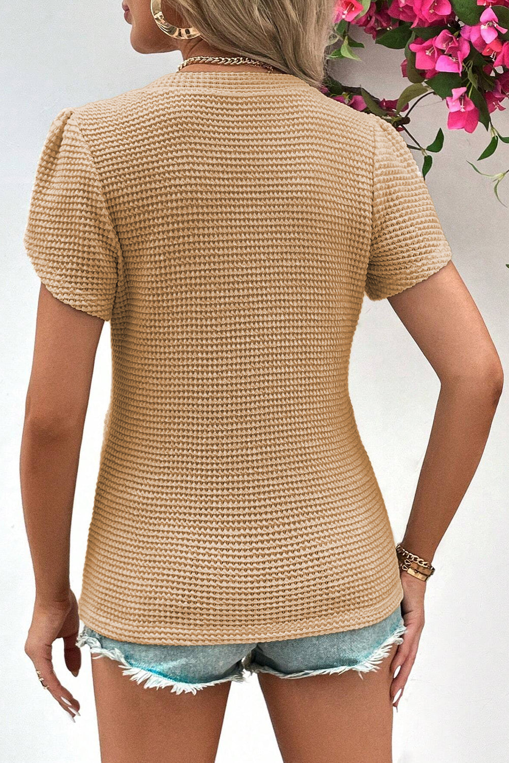 Mist Green Tulip Sleeve Waffle Knit V Neck T-Shirt