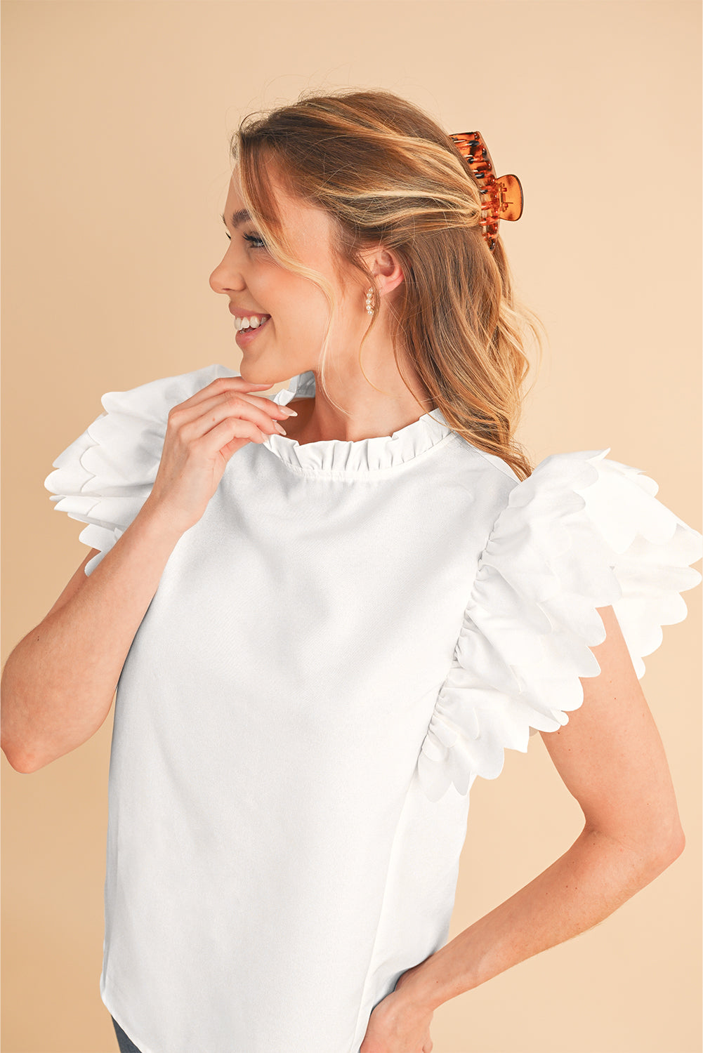 White Solid Color Scalloped Ruffle Sleeve Blouse