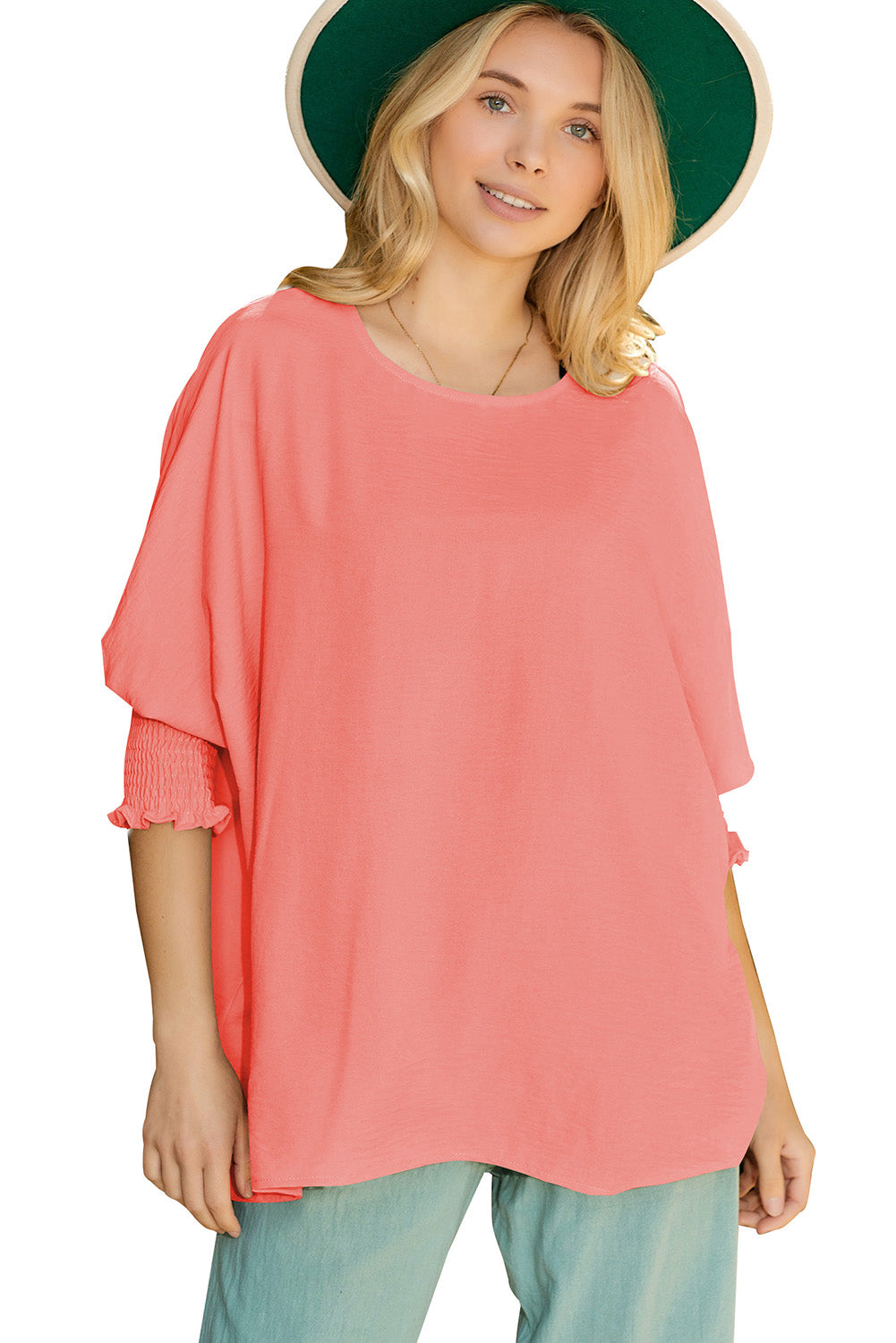 Pink Casual Shirred Cuffs Half Sleeve Top