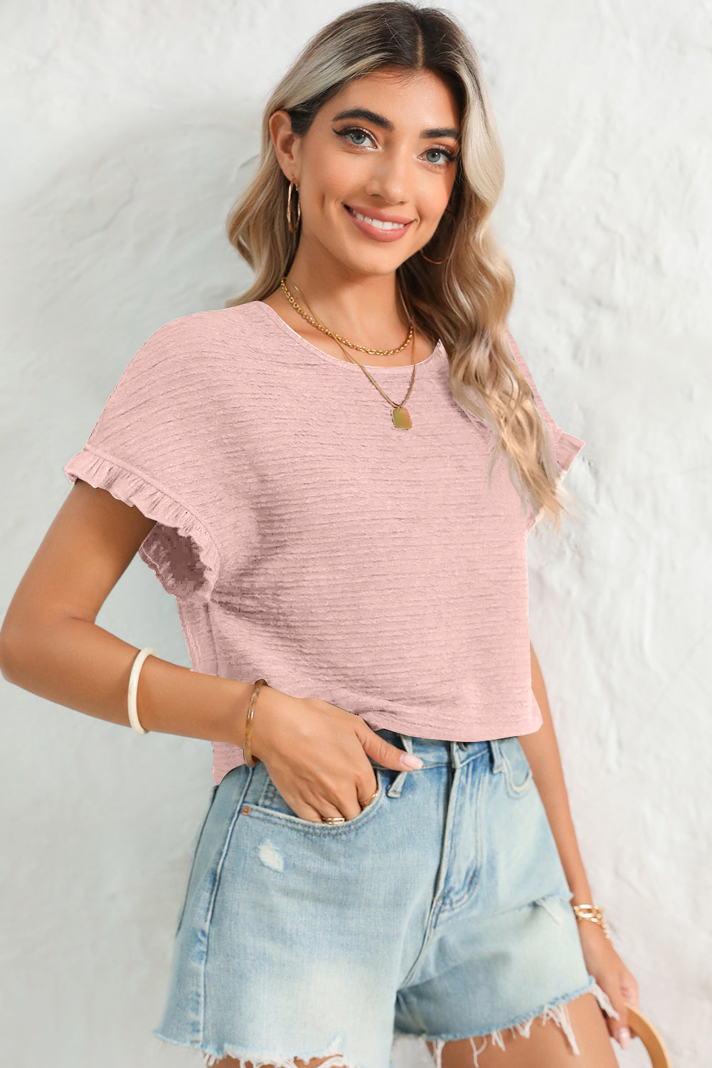 Light Pink Solid Textured Frill Cuffs Short Sleeve Blouse