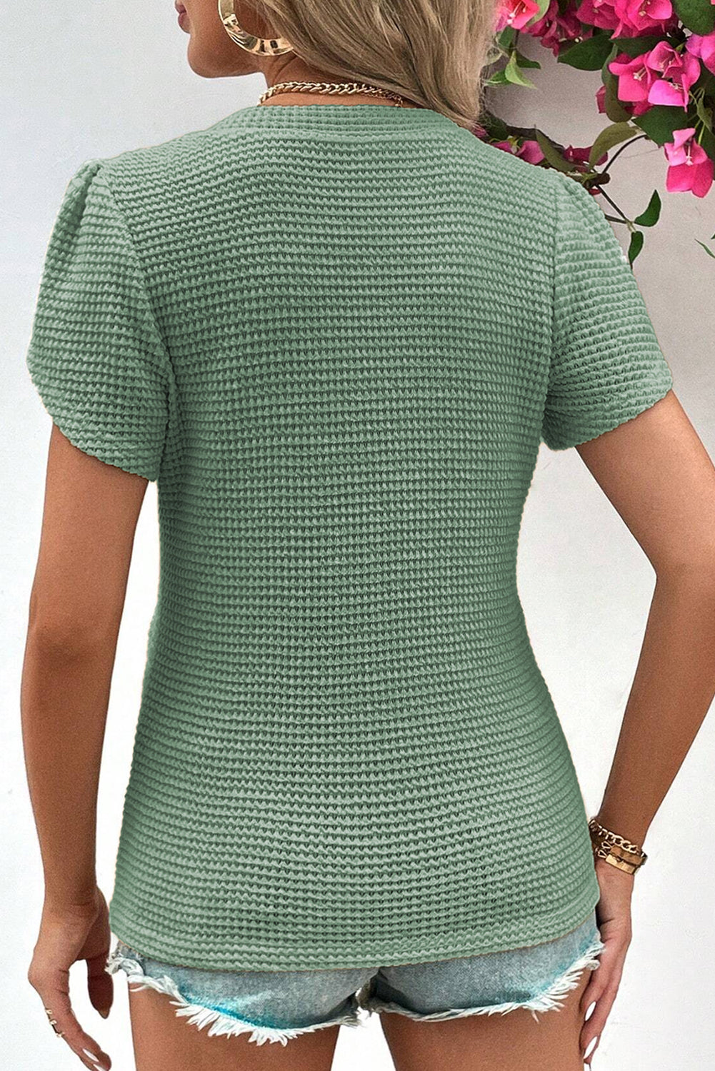 Mist Green Tulip Sleeve Waffle Knit V Neck T-Shirt