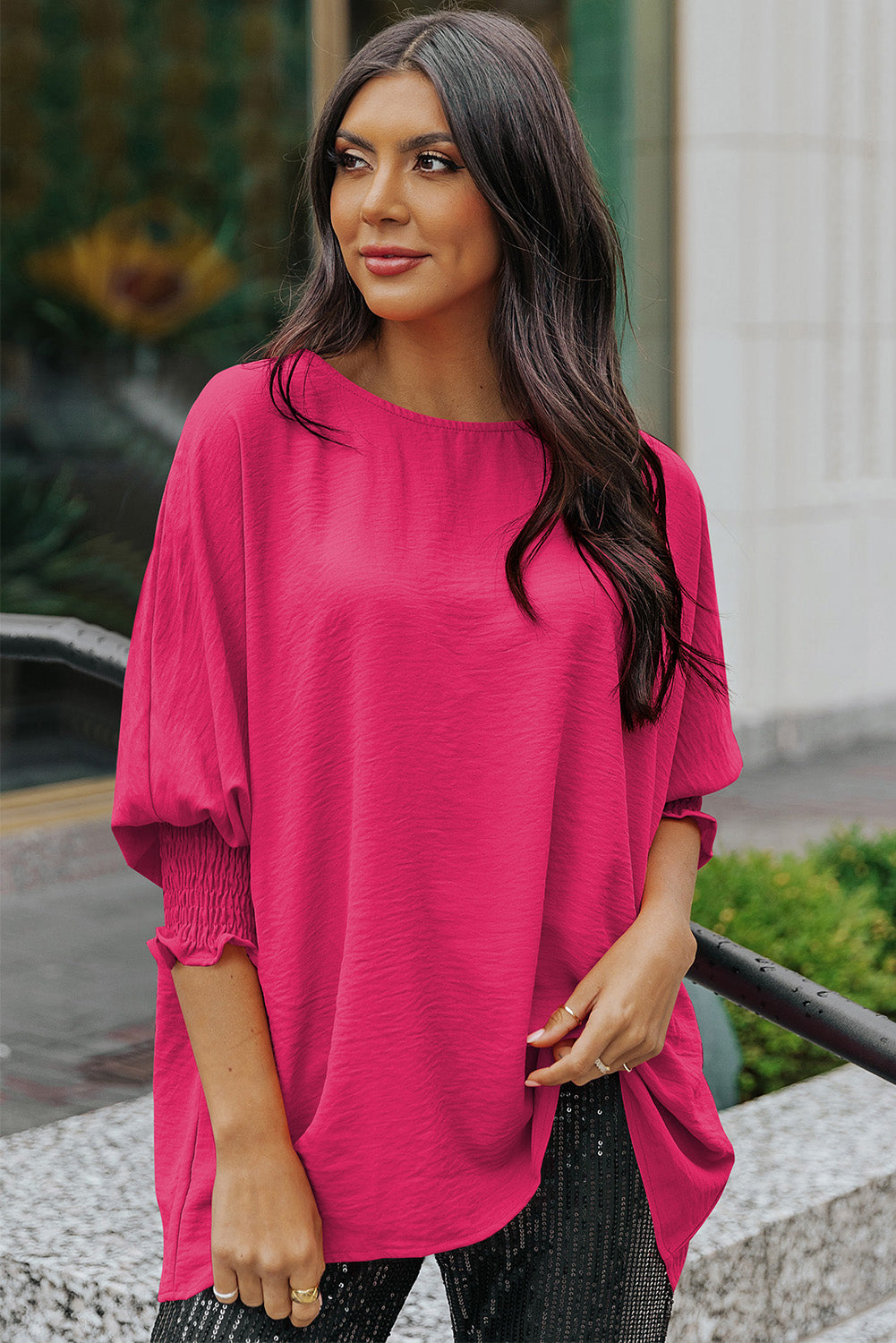 Pink Casual Shirred Cuffs Half Sleeve Top