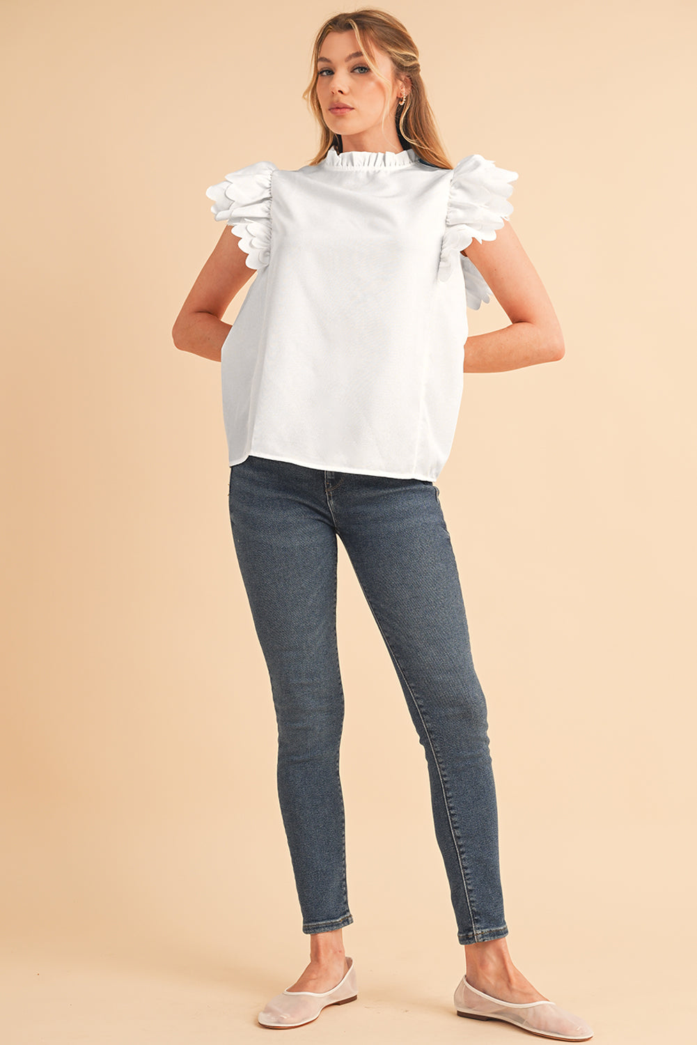 White Solid Color Scalloped Ruffle Sleeve Blouse