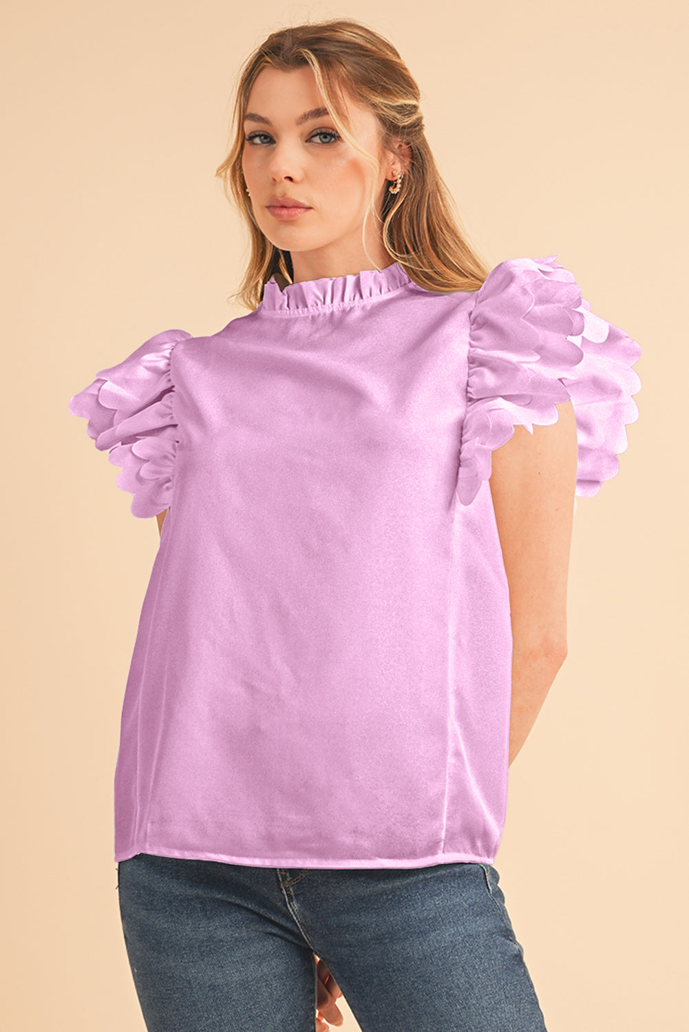 White Solid Color Scalloped Ruffle Sleeve Blouse