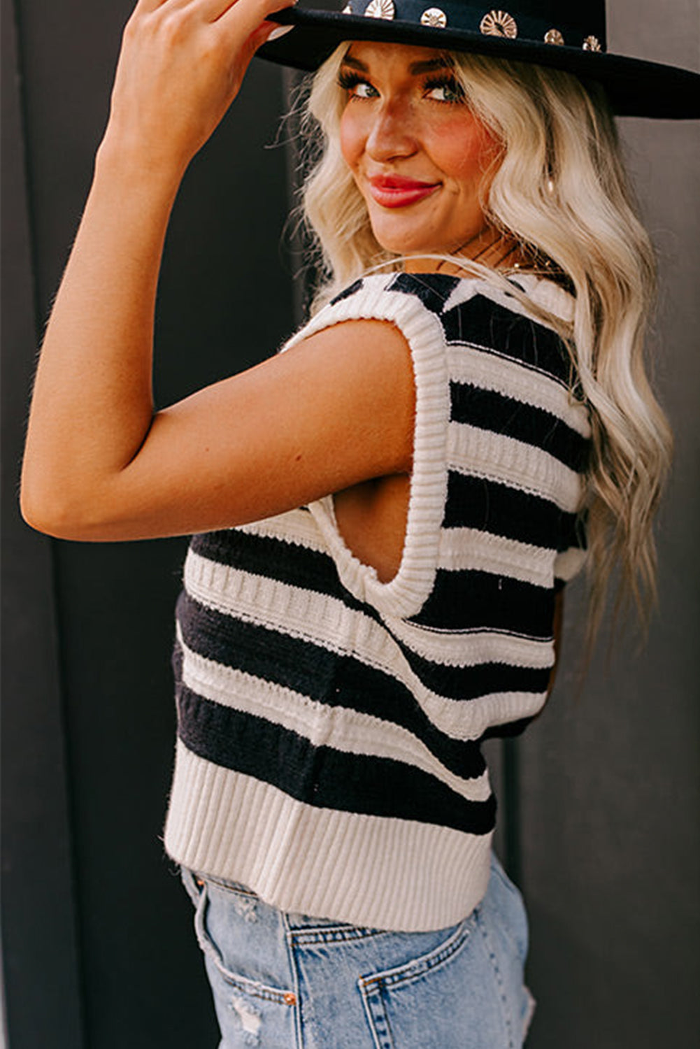 Black Stripe Round Neck Knit Top