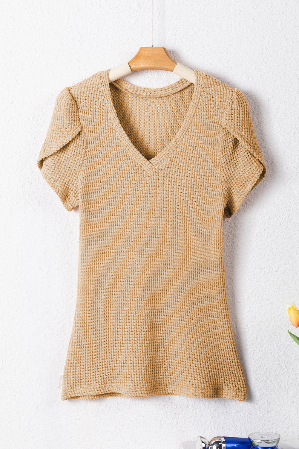 Mist Green Tulip Sleeve Waffle Knit V Neck T-Shirt