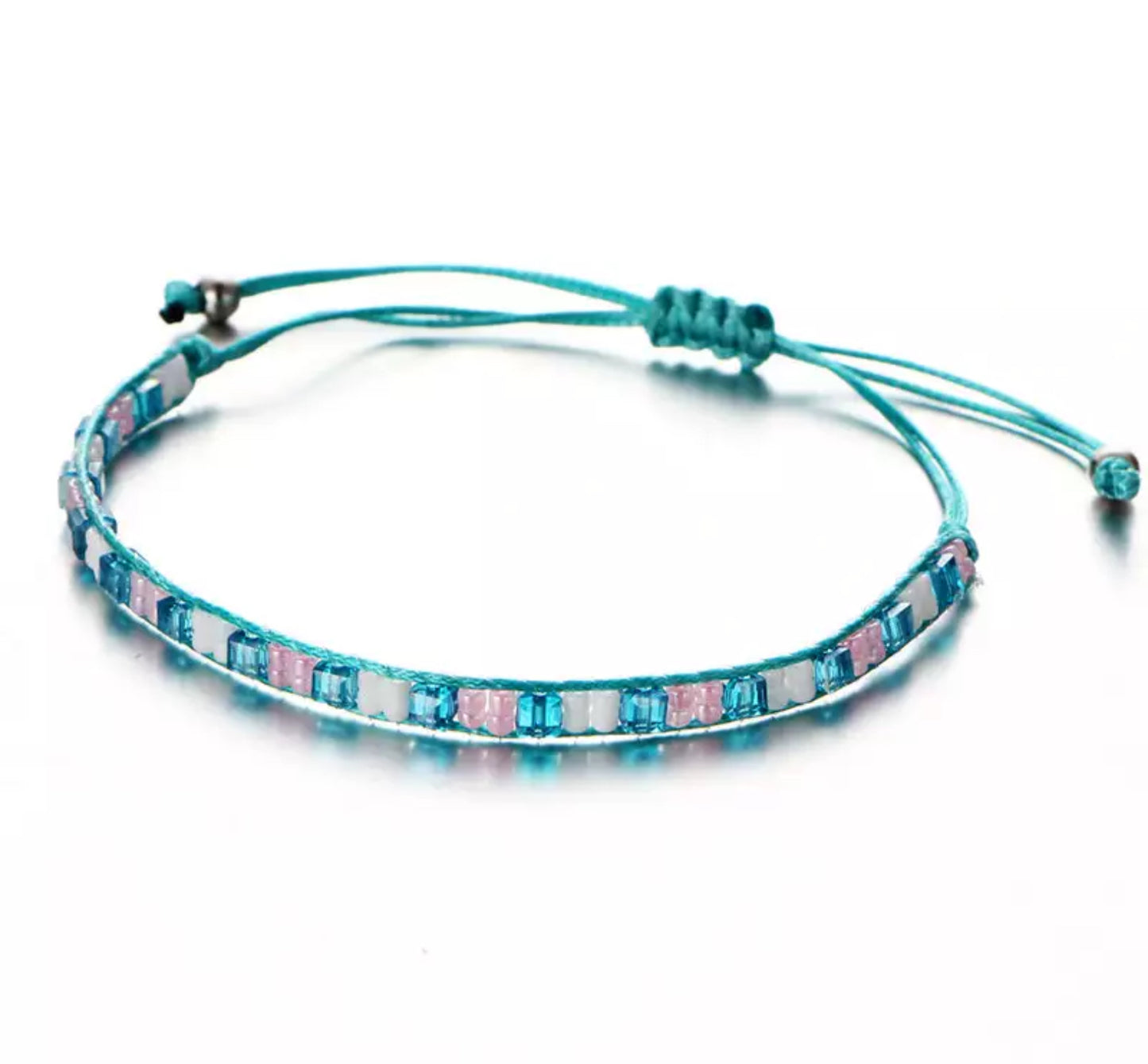 Bohemian Pink, Mint & Turquoise Glass Beads Beaded Woven Bracelet