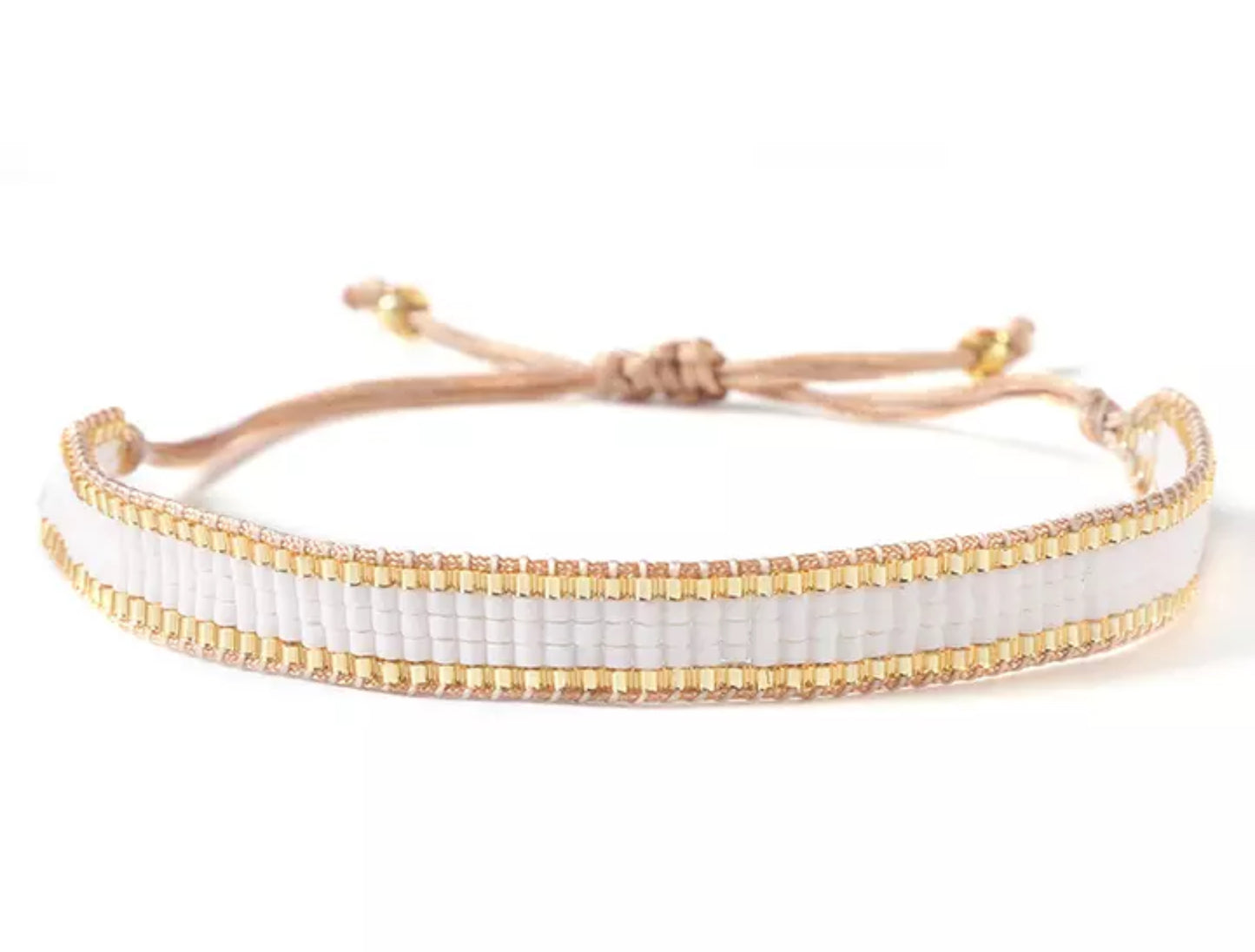 Simple Summer Handmade White Beaded, Adorned In Gold, Woven Bracelet