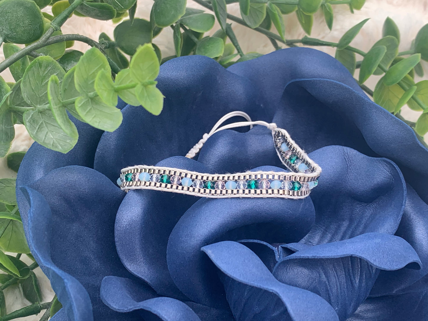 Bohemian White & Turquoise Glass Beads Beaded Woven Bracelet
