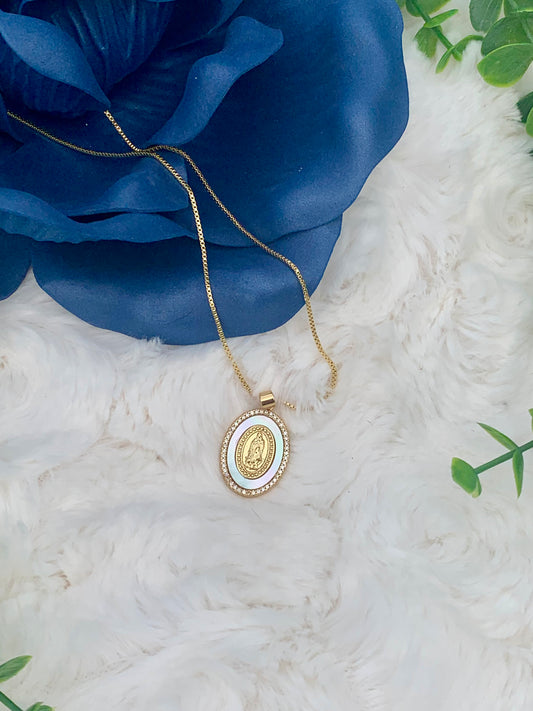 Oval Gold Shell Zircon Virgin Mary Guadalupe Necklace