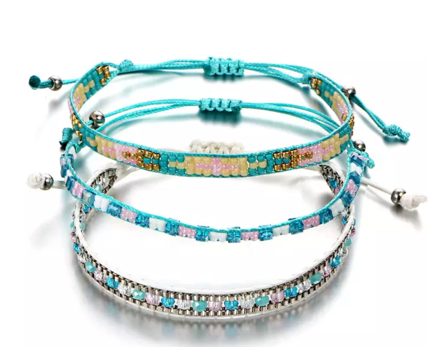 Bohemian White & Turquoise Glass Beads Beaded Woven Bracelet