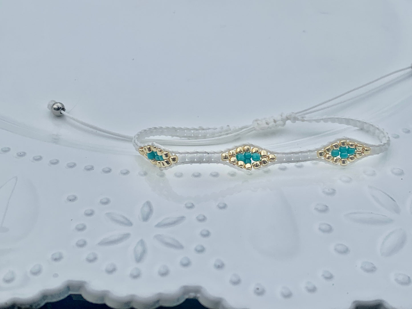 Bohemian White, Gold & Turquoise Aztec Beaded Woven Bracelet