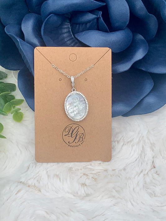 Oval Silver Mother of Pearl Miraculous Metal Pendant, Virgin Mary Necklace