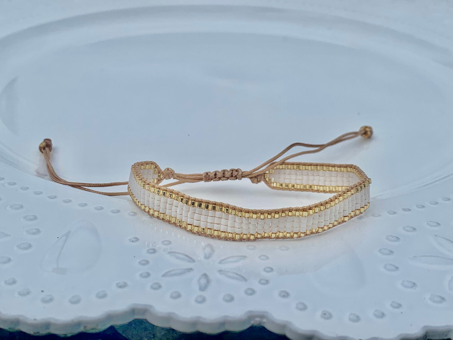 Simple Summer Handmade White Beaded, Adorned In Gold, Woven Bracelet