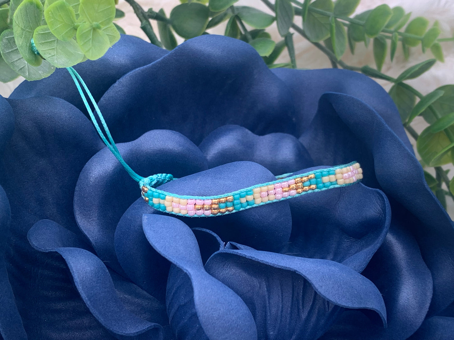 Bohemian Pink, White & Turquoise Glass Beads Beaded Woven Bracelet