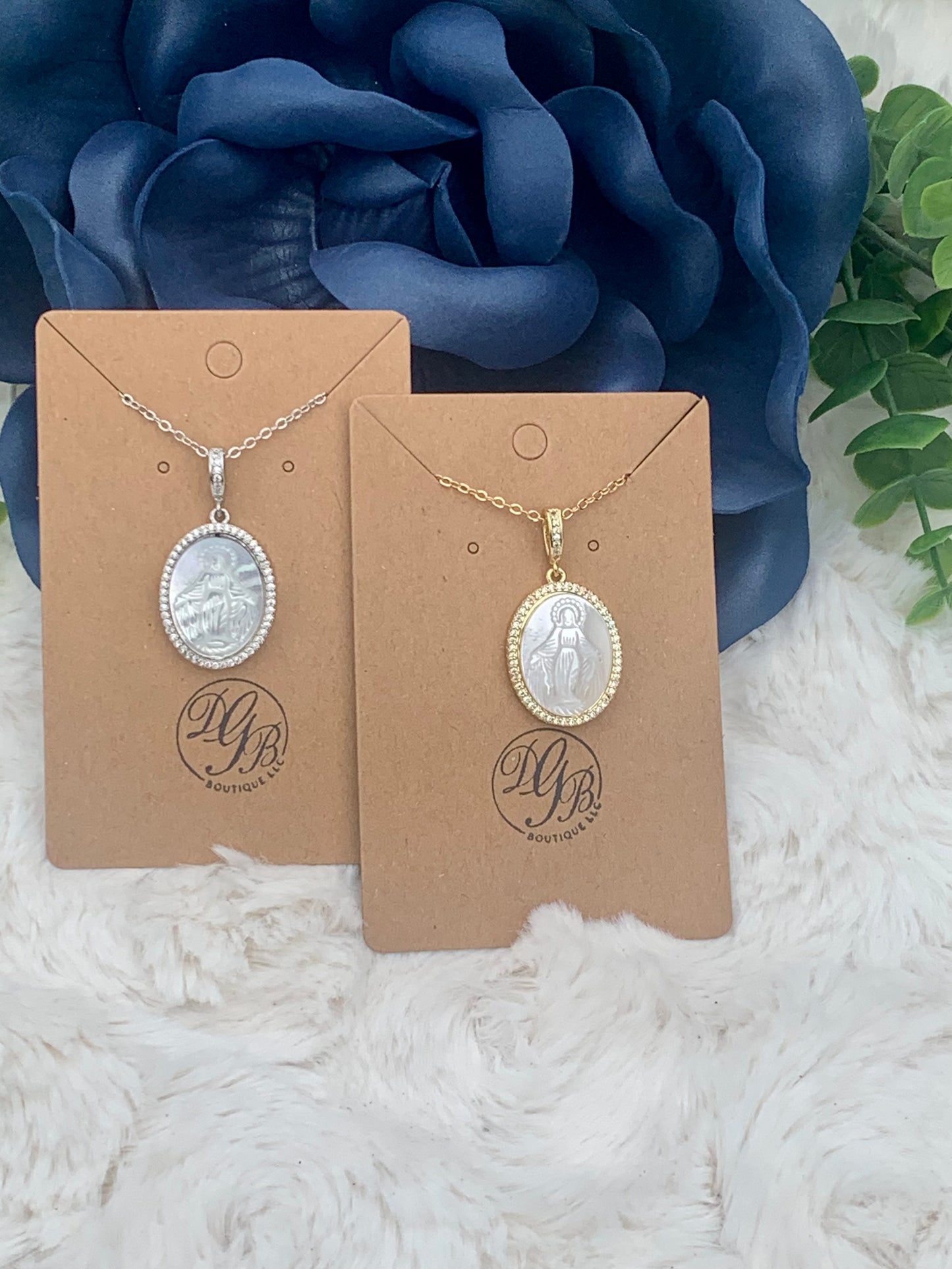 Oval Silver Mother of Pearl Miraculous Metal Pendant, Virgin Mary Necklace