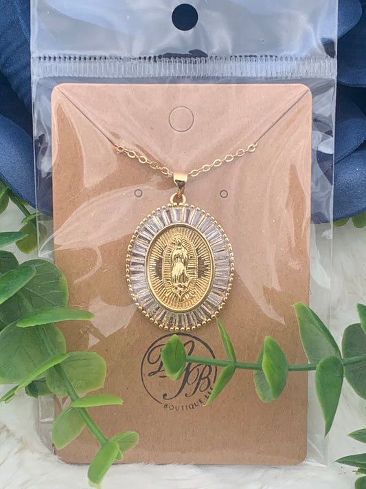 18K Gold Plated & Rhinestone Virgin Mary Fashion Necklace